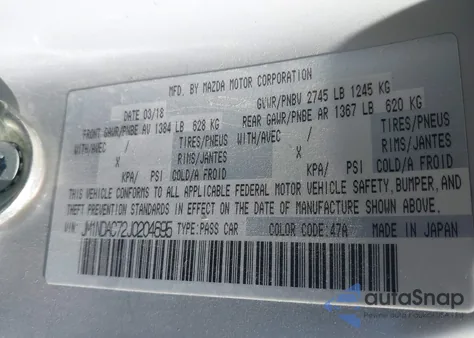 2018 Mazda Mx-5 Miata Club z USA, uszkodzony, nr VIN JM1NDAC72J0204695